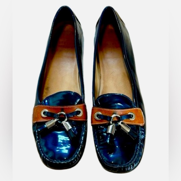 Stuart Weitzman Navy (patent) & Tan Leather Loafers Size 9 - Picture 1 of 6